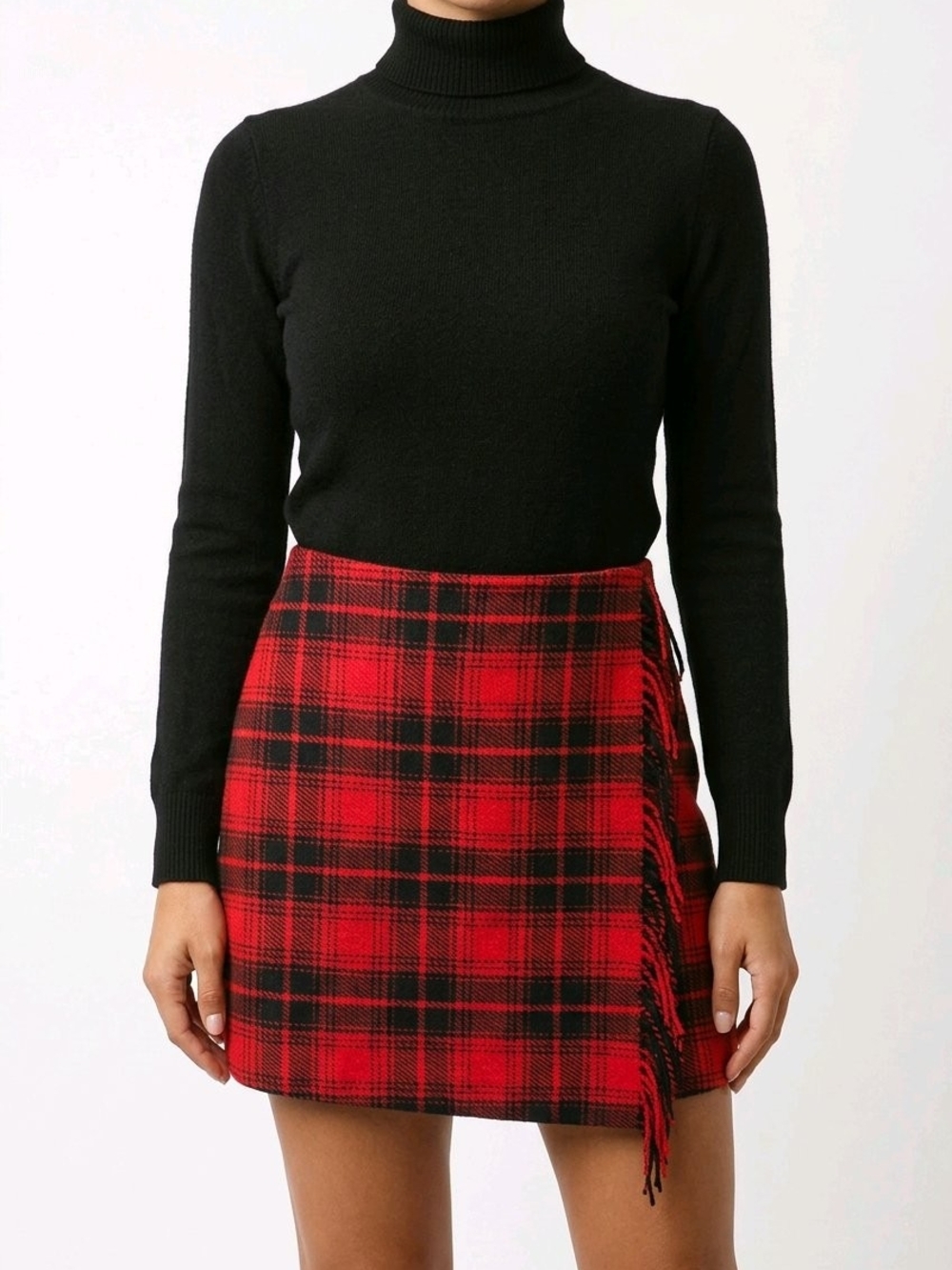 LOFT Red and Black Plaid Faux-Wrap Mini Skirt